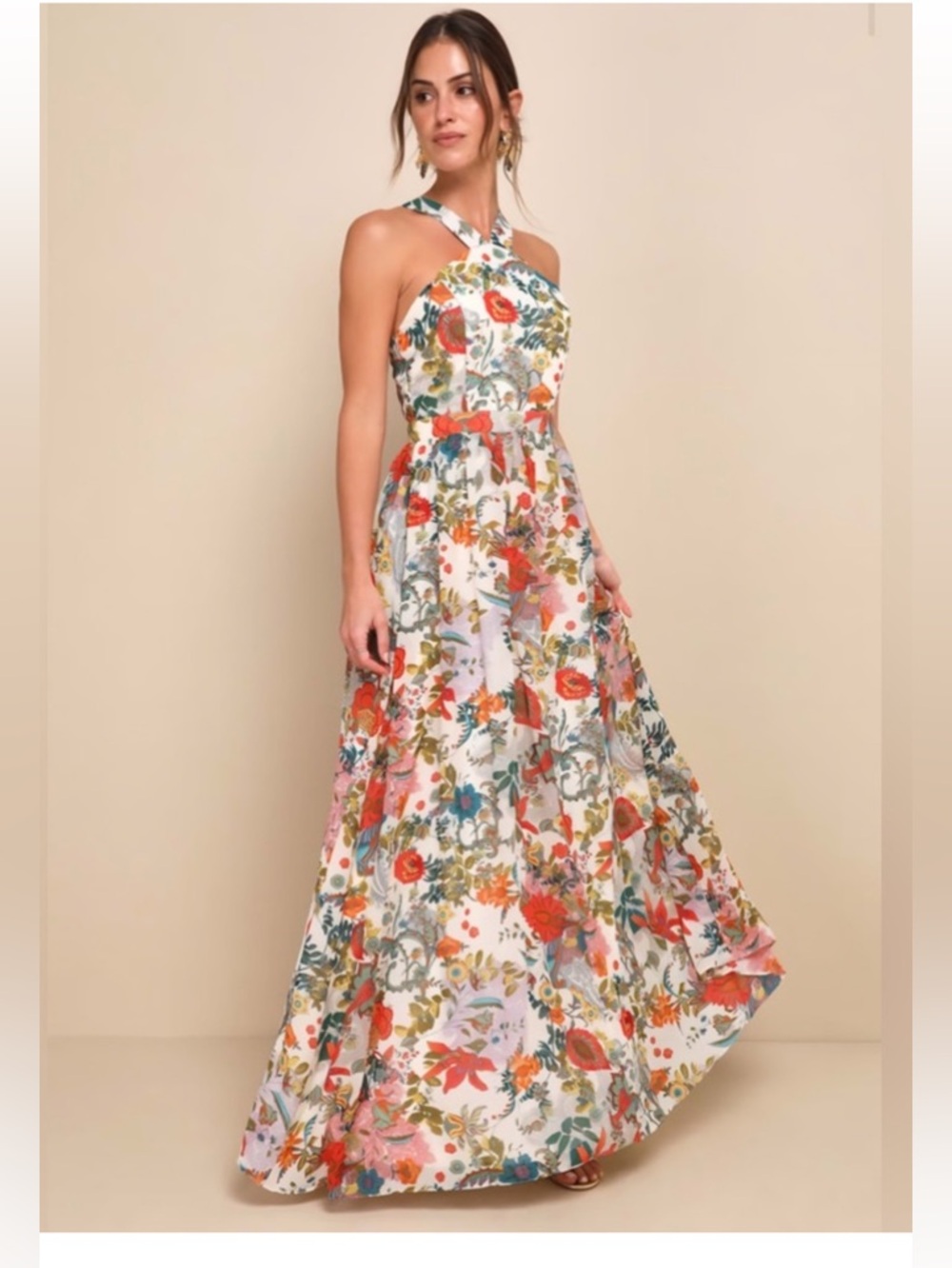 Lulu's Garden Meanderings White Floral Multi Print Halter Maxi Dress - Size XL